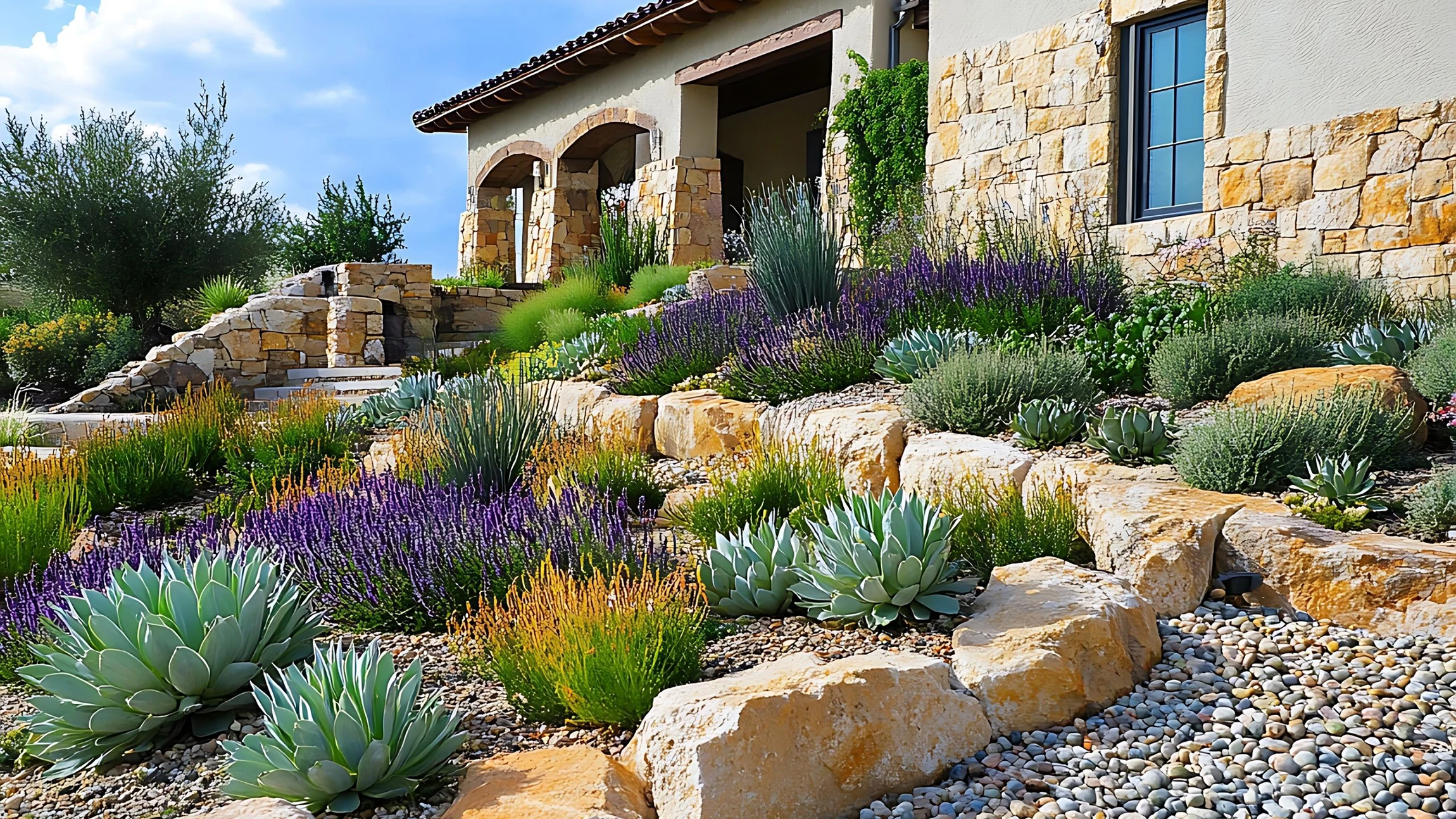 A stone house with a drought-tolerant garden featuring succulents, lavender, and ornamental grasses, arranged among large rocks and gravel on a sloped yard under a blue sky.