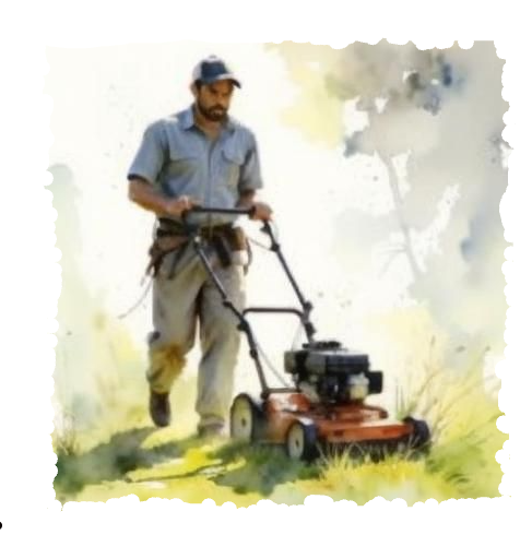 commercial landscaper A man wearing a cap and casual clothes pushes a lawnmower across grassy ground on a sunny day. The background is bright and slightly blurred, suggesting a garden or outdoor setting.