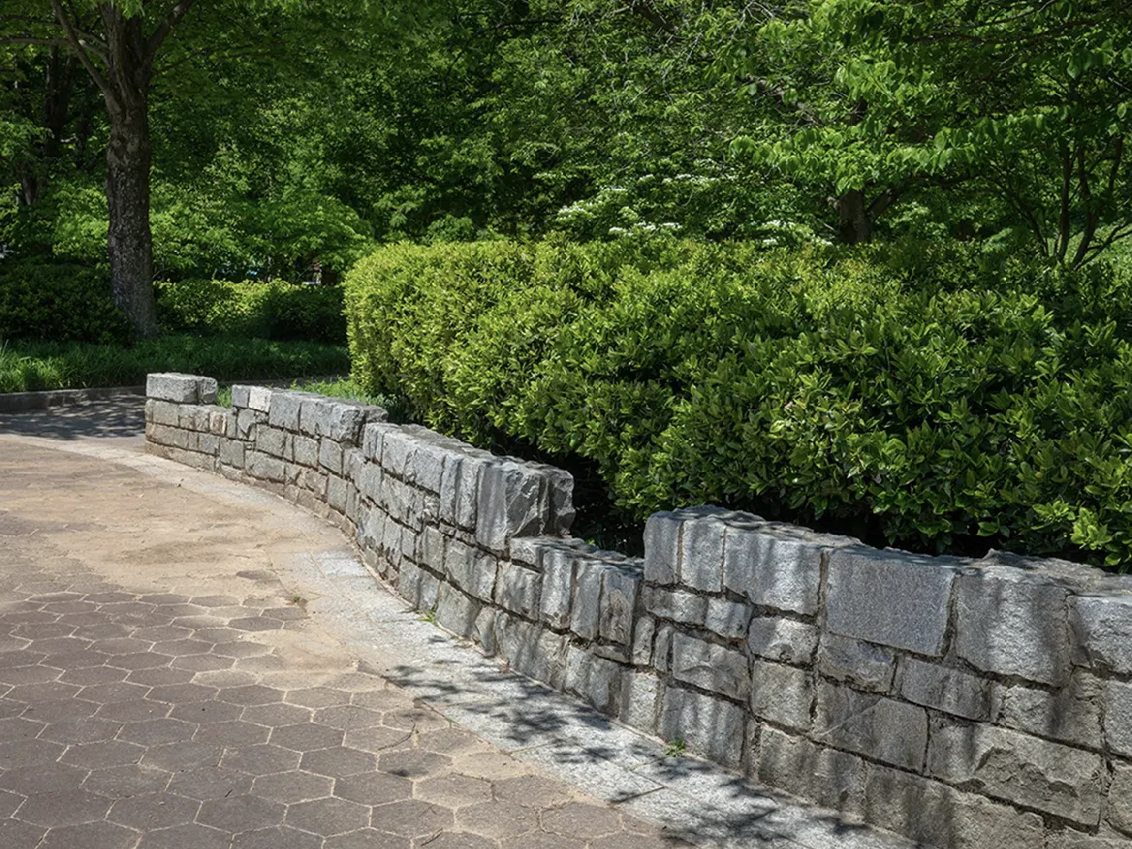 A curved stone wall lines a paved walkway in a park, with green bushes and leafy trees in the background on a sunny day.
