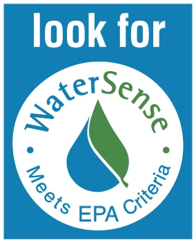 Blue rectangle with white text reading look for. Below is a circular WaterSense logo with a blue water droplet and green leaf, and the words Meets EPA Criteria surrounding it.